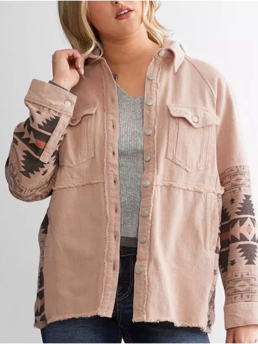 BKE Pieced Denim Light Pink Aztec Hooded  Raw Hem Shacket L